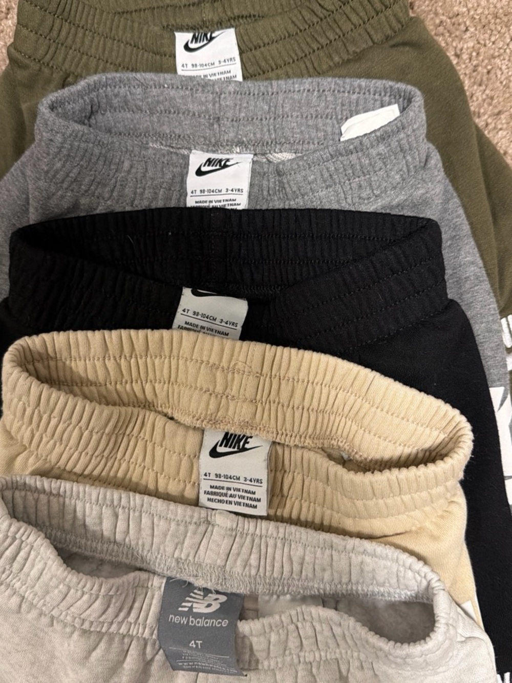 Nike/New Balance Kids Sweatpants 5-Pack in Olive, Gray, Black, Tan, Light Gray